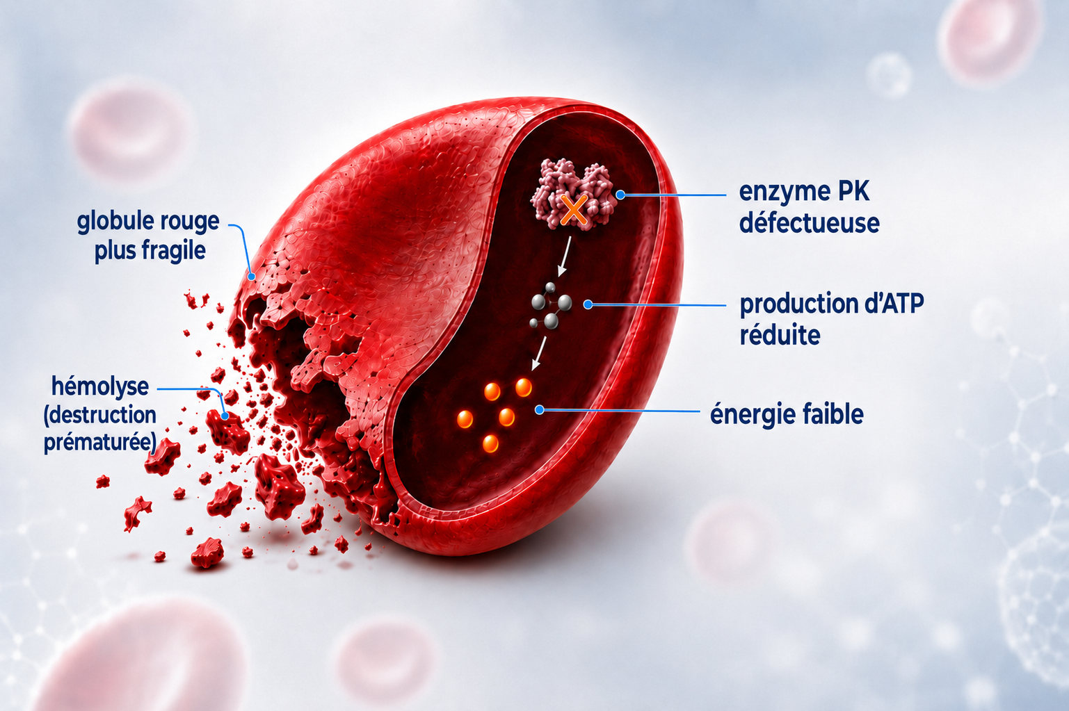Schéma du déficit en pyruvate kinase montrant la baisse d’ATP, la fragilité du globule rouge et l’hémolyse